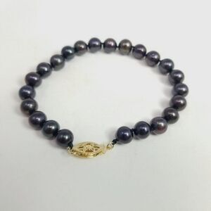 Vintage Black Cultured Pearl Beaded Bracelet, Yellow Gold Filled Clasp, Estate